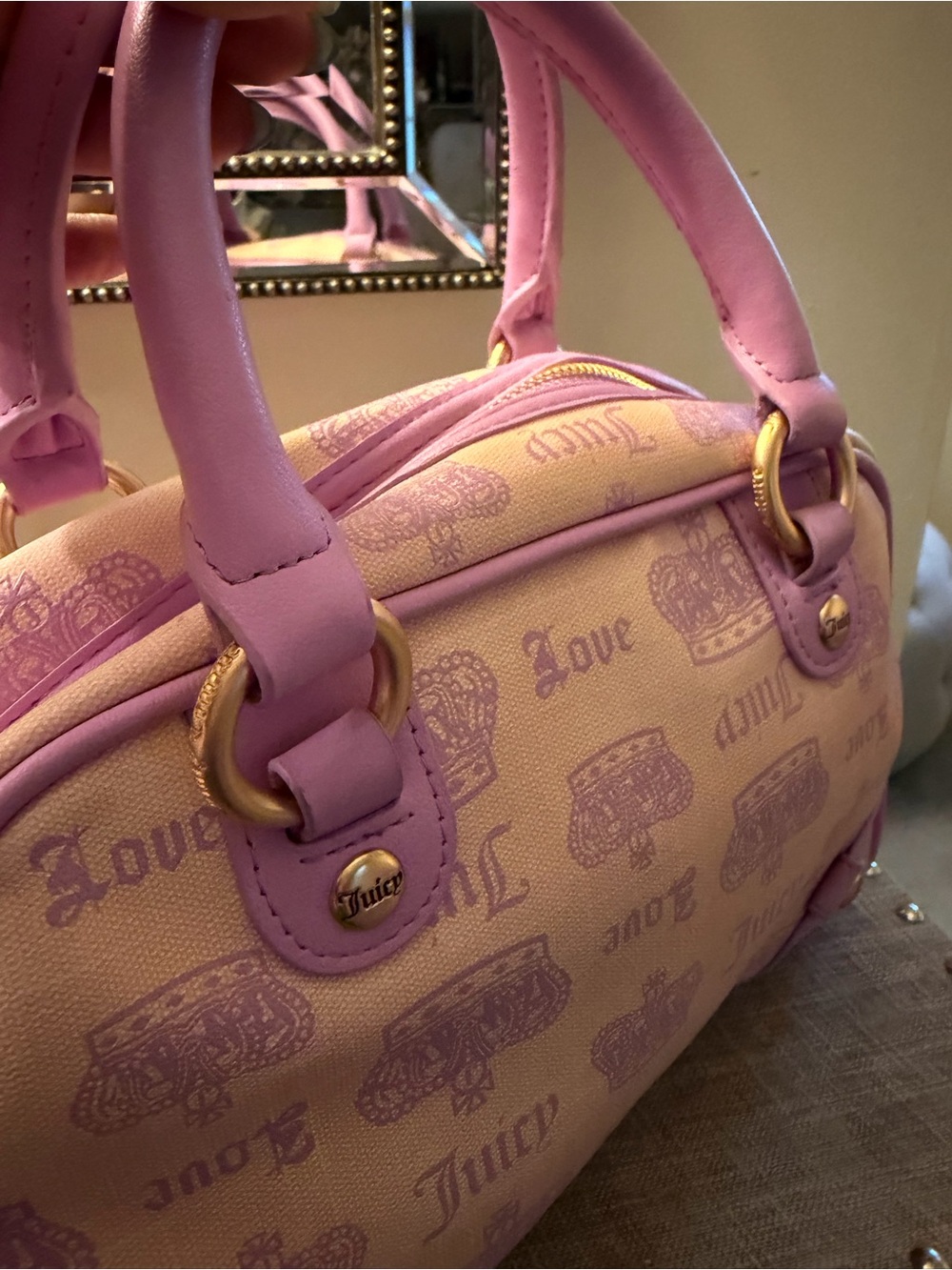 Exclusive Juicy Couture Pink and Cream Logo Bow Charm Crossbody Bag - Picture 7 of 13